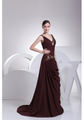 A-line Burgundy V-neck Beading and Ruching Prom Dress