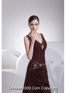 A-line Burgundy V-neck Beading and Ruching Prom Dress