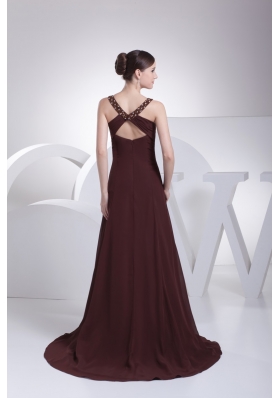 A-line Burgundy V-neck Beading and Ruching Prom Dress