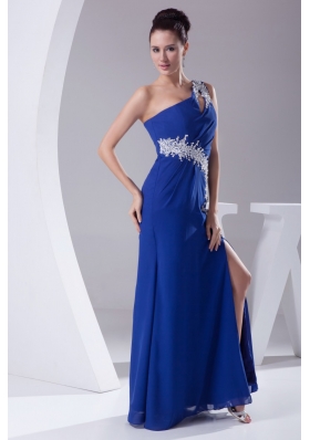 Appliques One Shoulder Royal Blue Slitted Prom Dress for Ladies