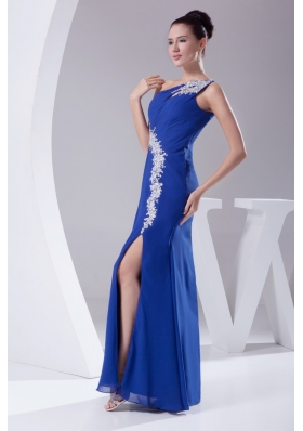 Appliques One Shoulder Royal Blue Slitted Prom Dress for Ladies