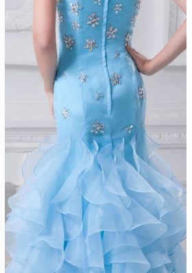 Aqua Blue Ankle-length Strapless Ruffled Prom Dress with Beading