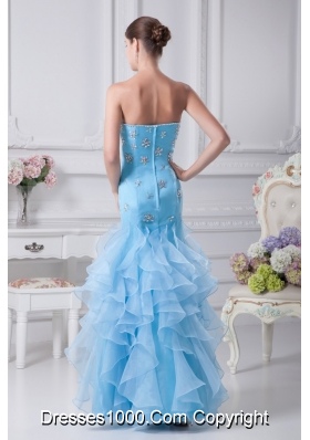 Aqua Blue Ankle-length Strapless Ruffled Prom Dress with Beading