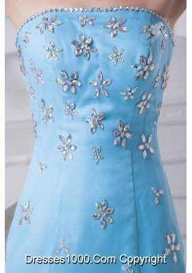 Aqua Blue Ankle-length Strapless Ruffled Prom Dress with Beading