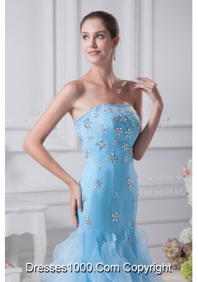 Aqua Blue Ankle-length Strapless Ruffled Prom Dress with Beading