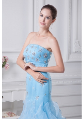 Aqua Blue Ankle-length Strapless Ruffled Prom Dress with Beading