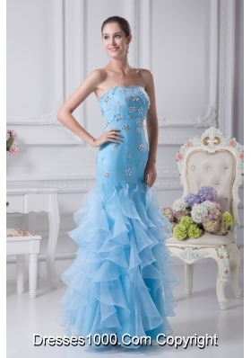 Aqua Blue Ankle-length Strapless Ruffled Prom Dress with Beading