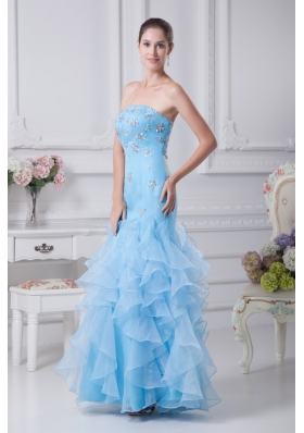 Aqua Blue Ankle-length Strapless Ruffled Prom Dress with Beading