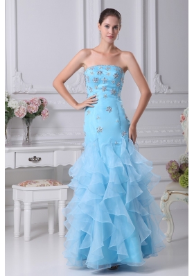 Aqua Blue Ankle-length Strapless Ruffled Prom Dress with Beading