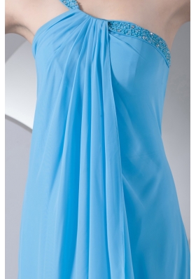 Aqua Blue One Shoulder Ankle-length Beaded Dress for Prom