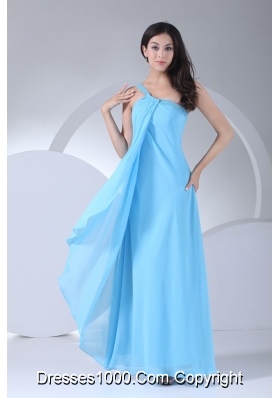 Aqua Blue One Shoulder Ankle-length Beaded Dress for Prom