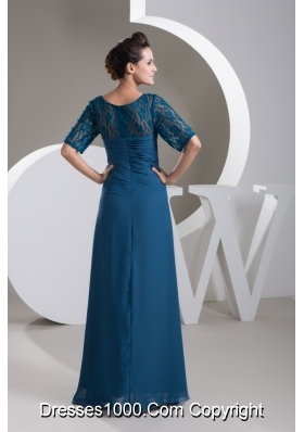 Asymmetrical Half-sleeve Ruched Teal Column Prom Dress