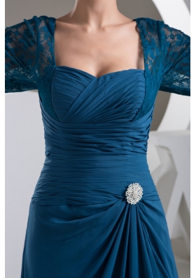 Asymmetrical Half-sleeve Ruched Teal Column Prom Dress