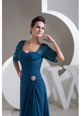 Asymmetrical Half-sleeve Ruched Teal Column Prom Dress