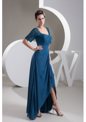 Asymmetrical Half-sleeve Ruched Teal Column Prom Dress