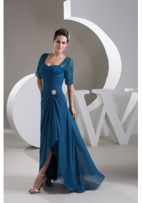 Asymmetrical Half-sleeve Ruched Teal Column Prom Dress