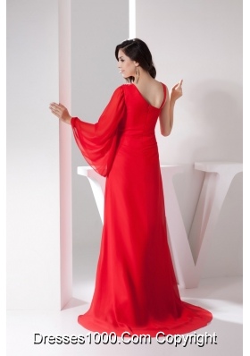 Asymmetrical Neckline Brush Train Prom Gown with Single Long Sleeve