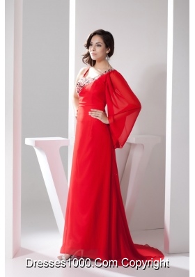 Asymmetrical Neckline Brush Train Prom Gown with Single Long Sleeve