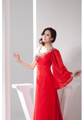 Asymmetrical Neckline Brush Train Prom Gown with Single Long Sleeve