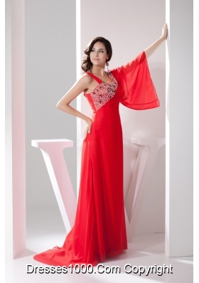 Asymmetrical Neckline Brush Train Prom Gown with Single Long Sleeve