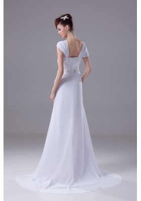 Beaded and Appliqued Square Brush Train Wedding Gown with Cap Sleeves