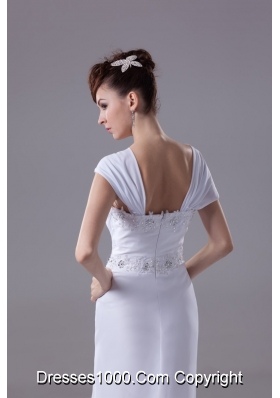 Beaded and Appliqued Square Brush Train Wedding Gown with Cap Sleeves