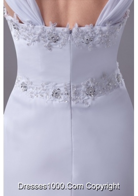 Beaded and Appliqued Square Brush Train Wedding Gown with Cap Sleeves