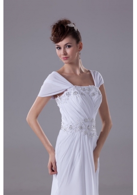 Beaded and Appliqued Square Brush Train Wedding Gown with Cap Sleeves