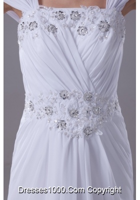 Beaded and Appliqued Square Brush Train Wedding Gown with Cap Sleeves