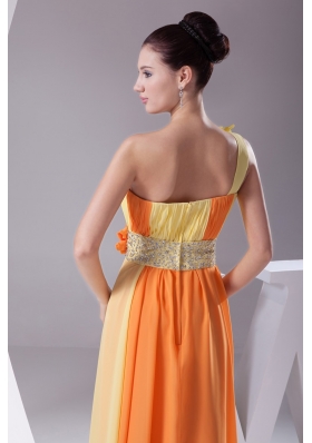 Beaded Ruched One Shoulder Yellow and Orange Prom Dress for Ladies