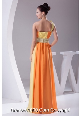 Beaded Ruched One Shoulder Yellow and Orange Prom Dress for Ladies