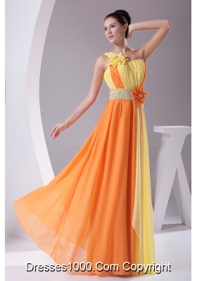 Beaded Ruched One Shoulder Yellow and Orange Prom Dress for Ladies
