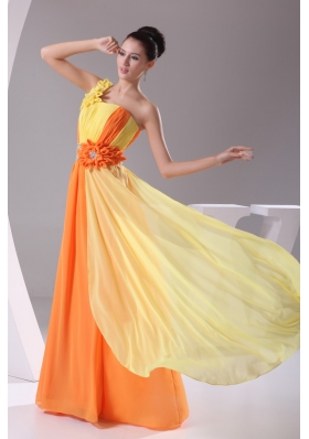 Beaded Ruched One Shoulder Yellow and Orange Prom Dress for Ladies
