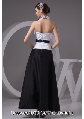 Black and White Ankle-length Halter Top Prom Dress with Handmade Flower