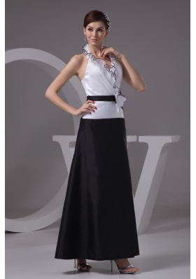 Black and White Ankle-length Halter Top Prom Dress with Handmade Flower