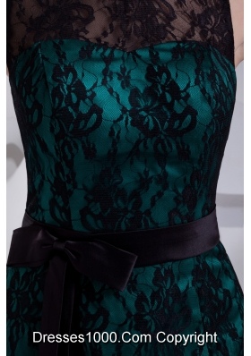 Black Lace Covered Teal Satin Prom Dress with Sash and Bow