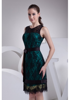 Black Lace Covered Teal Satin Prom Dress with Sash and Bow