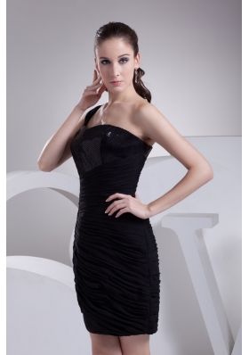 Black One Shoulder Sweetheart Short Prom Dress with Ruche and Paillette