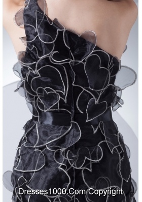 Black Single Shoulder Prom Gown with Sash and Heart Shaped Ruffles