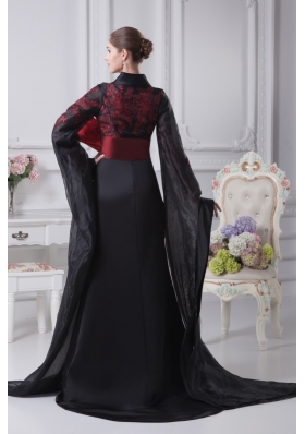 Bow Sash and Slit Decorated Long Sleeves Sweep Train Prom Dresses