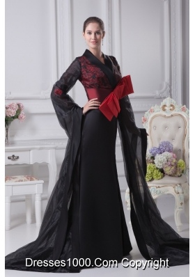 Bow Sash and Slit Decorated Long Sleeves Sweep Train Prom Dresses