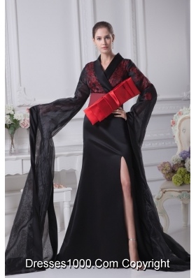 Bow Sash and Slit Decorated Long Sleeves Sweep Train Prom Dresses