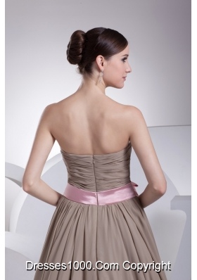 Champagne Strapless Chiffon Prom Dress with Pink Bowknot Sash