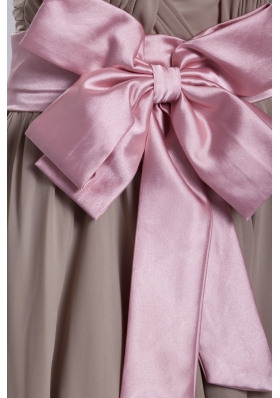 Champagne Strapless Chiffon Prom Dress with Pink Bowknot Sash