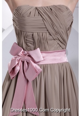 Champagne Strapless Chiffon Prom Dress with Pink Bowknot Sash