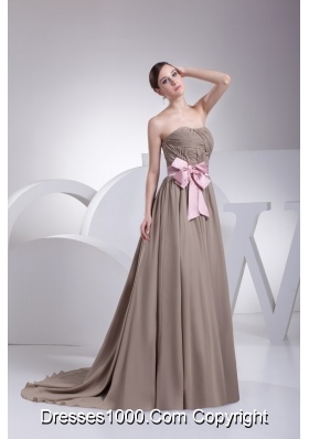 Champagne Strapless Chiffon Prom Dress with Pink Bowknot Sash