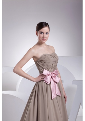 Champagne Strapless Chiffon Prom Dress with Pink Bowknot Sash