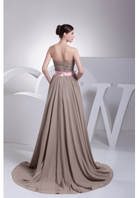 Champagne Strapless Chiffon Prom Dress with Pink Bowknot Sash