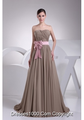 Champagne Strapless Chiffon Prom Dress with Pink Bowknot Sash