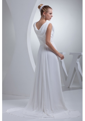 Column Sweep Train Bridal Dresses with Sash and Dropped Neckline